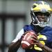 Michigan junior quarterback Denard Robinson looks to pass the ball during a drill on the practice field at Schembechler Hall on Tuesday. Melanie Maxwell I AnnArbor.com